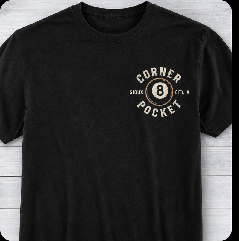 Corner Pocket black tee, front — left-chest eight-ball seal reading Corner Pocket, Sioux City, IA